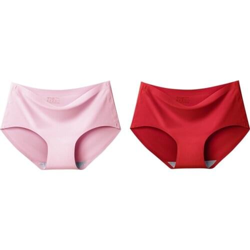 Hot Kf-Womens Sexy Ice Silk Seamless Mid-Waist Solid Color 2 Piece Briefs Panties,Red & Pink XXL Size