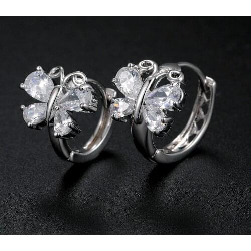 Cute Butterfly Crystal Stone Wedding Earrings Rose Gold Silver Color Clip Earrings Female Luxury White Zircon Earrings For Women