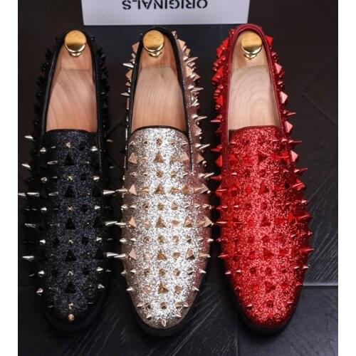 TOP New mens pointed dress shoes Italian designer mens dress shoes gold black luxe wedding rivet flat luxe casual shoes men b9