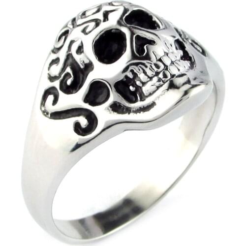 Punk 316L Stainless Steel High Quality Fashion Skull Ring Man Black Oil Painting Rings