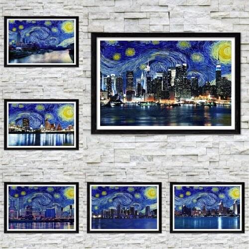 Modern Cityscape In Starry Night Canvas Wall Art Painting On The Building Landscape Poster And Prints Decorative Picture Cuadros
