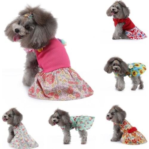 Dog Dress Flower Printing Round Neck Polyester Cotton Adorable Princess Skirt For Summer Small Fresh Dating Party Cross Dress