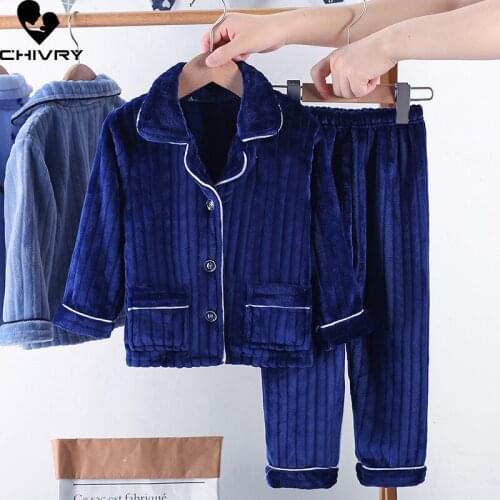 New 2021 Kids Boys Girls Autumn Winter Soft Flannel Pajama Sets Solid Long Sleeve Lapel Tops with Pants Sleeping Clothing Sets