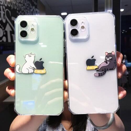 Funny Cute Cartoon Cat Couple Clear Phone Case For iPhone 12 Pro MAX 11 X XS XR 7 8 Plus Transparent Soft TPU Shockproof Cover