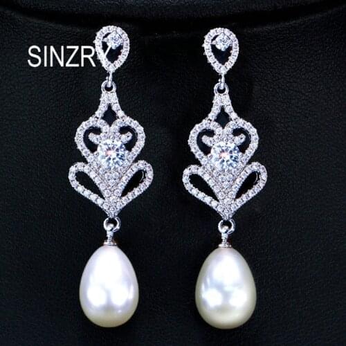 Sinzry Luxury gorgous bridal jewelry vintage cubic zircon party long earrings simulated pearl wedding dangle earrings