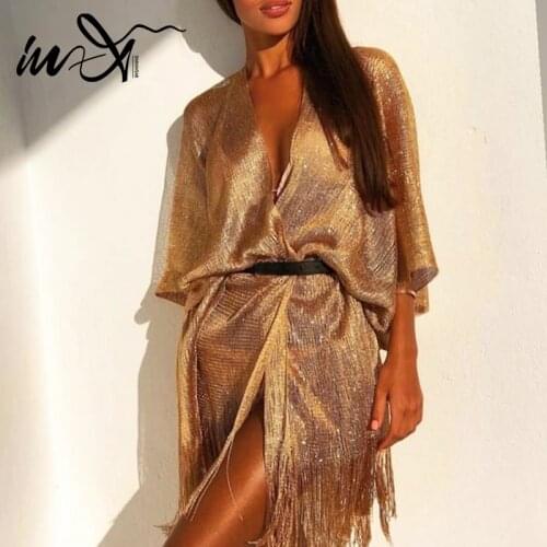 In-X Sexy gold beach dress women Kaftan Long beach swimsuit cover ups Tassel swimwear women Beach wear Transparent cover up new