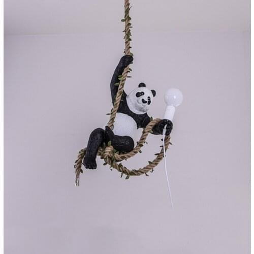 Creative Resin Panda Pendant Light for Attic Kitchen Restaurant Lamp Industrial Style Hemp Rope Pendant Lights Decor Led Lights