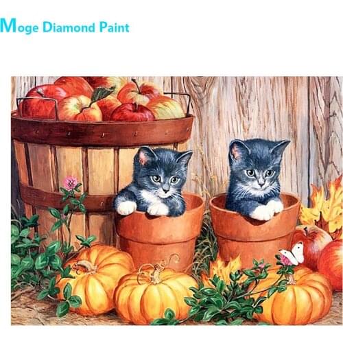 Harvest Fruit Diamond Painting Kitten Pumpkin Apple Round Full Drill DIY Mosaic Embroidery 5D Cross Stitch Autumn Animal Pattern