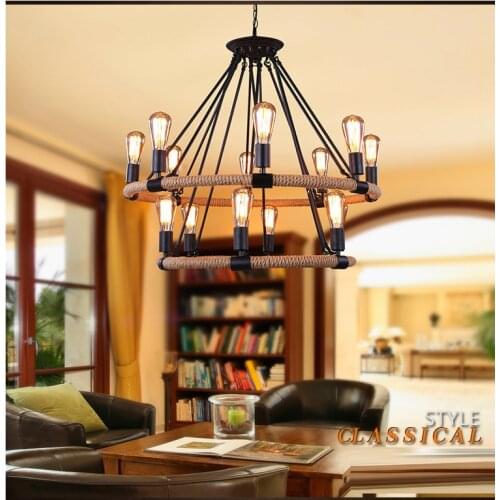 Vintage Retro Hemp Rope Pendant Light Fixture Antique Loft Iron Hanging Lamp Living Room Restaurant Bar Handmade Droplight Decor