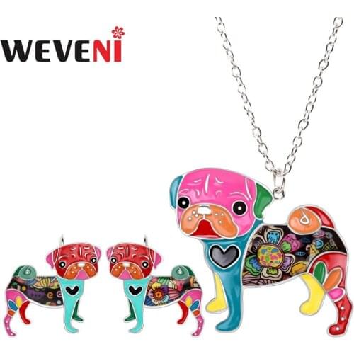 WEVENI Enamel Alloy French Bulldog Pug Dog Clip Earrings Necklace Collar Trendy Animal Jewelry Sets For Women Girls Gift Bijoux