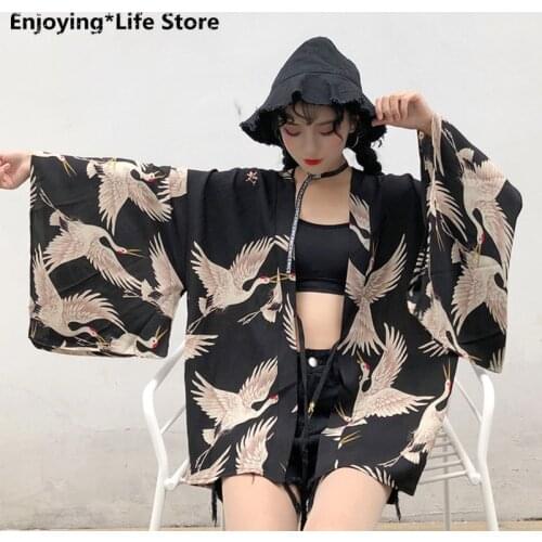 Japanese Traditional Kimono Harajuku Loose Thin Cardigan Sun Protection Clothing Fairy Crane Kimono Women