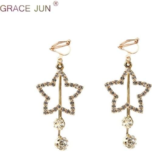 GRACE JUN 2 Colors Full Rhinestone Big Hollow-out Star Clip on Earrings and Drop Pierced Earrings for Women Bijouterie