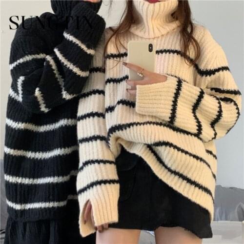 Sungtin Striped Turtleneck Sweater Women Winter Thick Loose Oversize Autumn Pullover Knitted Sweater Female Vintage 2020 New