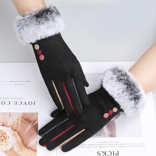 Winter Female Warm Cashmere Full Finger Button Cycling Mittens Women Plush Cuffs Suede Leather Touch Screen Driving Gloves I67