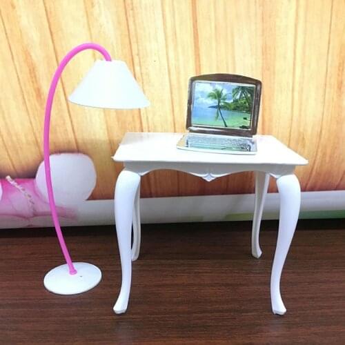 4pcs/set Lamp + Computer + Table + Chair Baby Toy Doll Role Playing Props Worktable Table Doll Miniature Furniture Accessories