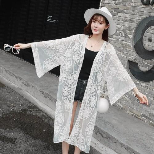 Long Beach Kimono Mujer Lace Up Cardigan Tops Summer Women Chiffon Kimonos White Print Cover Up Wrap Sun Shirt Blouse Blusas