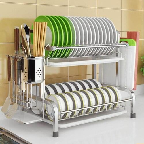 2 Tier Stainless Steel Bowl Plate Dish Drainer Drying Rack with Cutlery Holder Kitchen Cutlery Drain Rack Utensils Storage