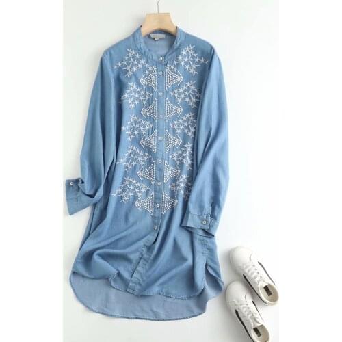 Long Sleeve Embroidered Denim Shirt Dress Blue Loose Spring Long shirt Dress summer work Offiec lady Dress vestidos cotton