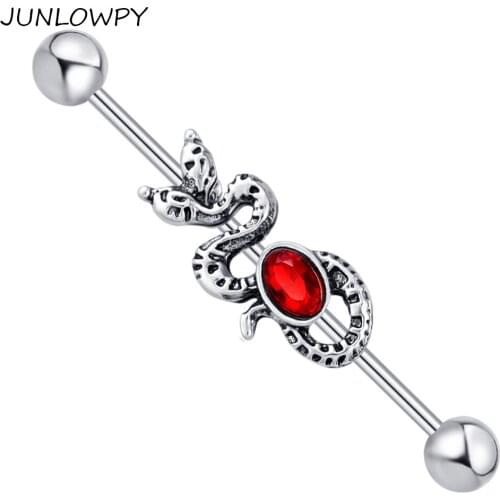 JUNLOWPY 14G Stainless Steel Snake with Red CZ Gem Industrial Bar Piercing Barbell Earring Fashion Body Jewelry Pircing 20pcs