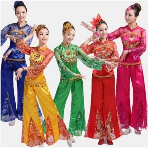Chinese traditional costumes yangko waist drum fan dance clothing group dance stage performance classical dance costume