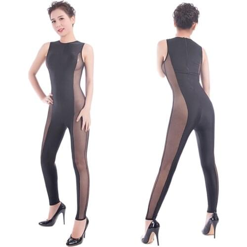 Sexy Women Sheer Spandex Striped Jumpsuit Catsuit Back Zip Skinny Full Body Bodysuit Pole Dancing Dance Wear Costume