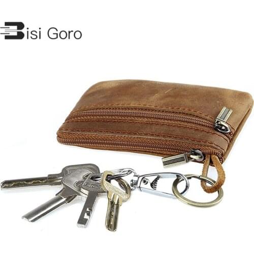 BISI GORO Genuine Leather Coin Purses Credit Card Holders Money Bags Crazy Horse Pocket Key Wallets Mini Wallet Zipper Small Bag