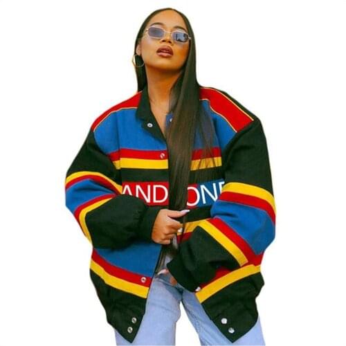 Fashion Designer Outdoor Sport Outerwear Women/Girl Stand Collar Colour Stripe Print Single-Breasted Long Sleeve Loose Jacket