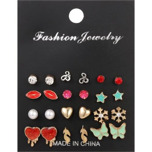 Trendy boho mixed enamel golden leaf butterfly heart stud earrings for women girl fashion crystal pearl wedding accessories gift