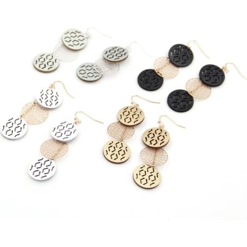 2021 New Vintage PU Leather Stainless Steel Hollow Out 3 Round Wafer Drop Earrings for Women