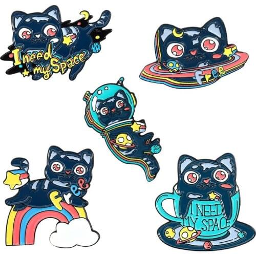 New Cat Enamel Pin Cat Planet Astronaut Mug Kitten Universe Brooches Bag Lapel Pin Badges Rainbow Animal Jewelry Gift Friends