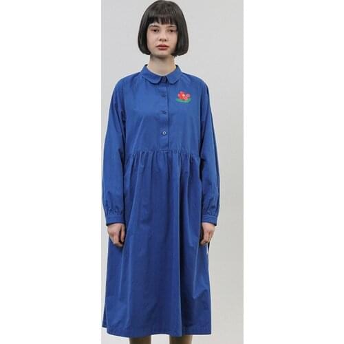 Preppy style Summer Spring Women Cotton Dress Blue Flower Printed Ladies Loose Casual High Waist Female Dresses Mid-calf