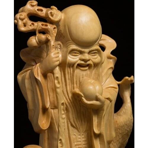 Boxwood 13cm Longevity God Sculpture Wood Carving Lucky Mythical Statue Fu Lu Shou Home Decor