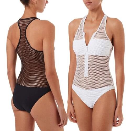Sexy Mesh One Piece Swimsuit Women Swimwear Zipper Front Splicing Mesh Sheer Monokini Cut Out Bathing Suit Bodysuit Beachwear
