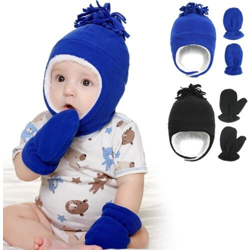 New Baby Kids Girls Boys Winter Warm Bomber Hat Solid Warm Cute Glove 2pcs Lovely Beanie Cap 6M-6Yrs Kids Hat