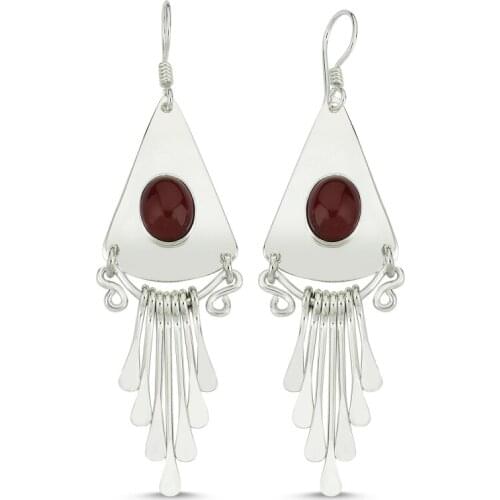 Silverlina Silver Red Agate Gemstone Dangle Hand Handwork Earrings