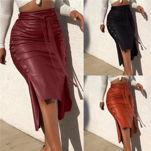 Women Sexy Bandage Pu Leather Party Skirt Fashion Solid Faux Leather Side Button Skirt Casual Bodycon Split Midi Skirt