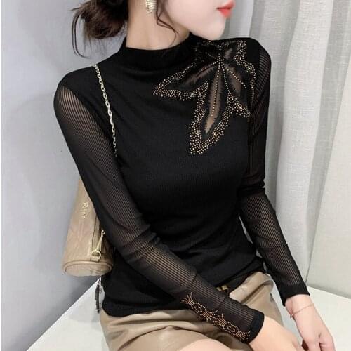 2021 Autumn And Winter Womens T-Shirt Fashion Embroidery Stitching Hot Drilling Long Sleeves Mesh Shirt Plus Size Black Blusas