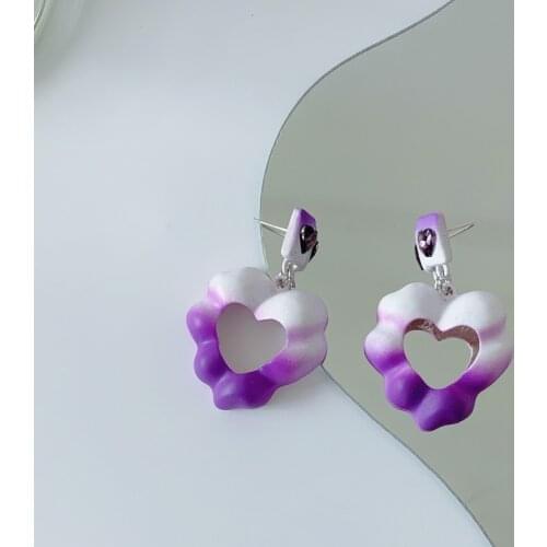 VSnow Korean Purple Gradient Color Love Heart Dangle Earring for Women Hollow Summer Metal Earring Wedding Jewelry Pendientes
