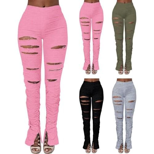 Distressed Women Flare Pants Joggers High Waist Pleated Trousers Stacked Sweatpants New Fitness Ruched Pants Hole Sport Leggings