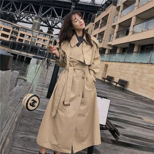 Long Double-breasted Trench Coat Women 2020 Spring Autumn Belt Slim Windbreakers Womens Casual Overcoat Korean Fashion Outwear