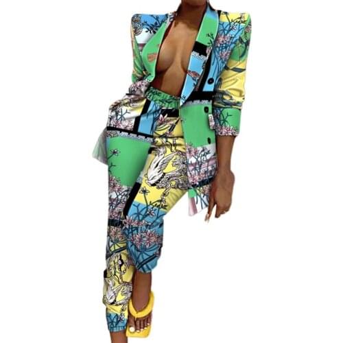 Lady Blazer Suit Cardigan Colorful Printed Leisure Right Angle Shoulder Tie Dye Pants Suit for Autumn Two Pieces Set