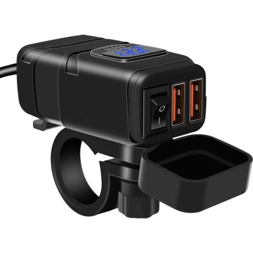 12V Motorcycle Dual USB Charger Waterproof QC3.0 Fast Charger with Voltmeter waterproof and dust-proof plastic cover
