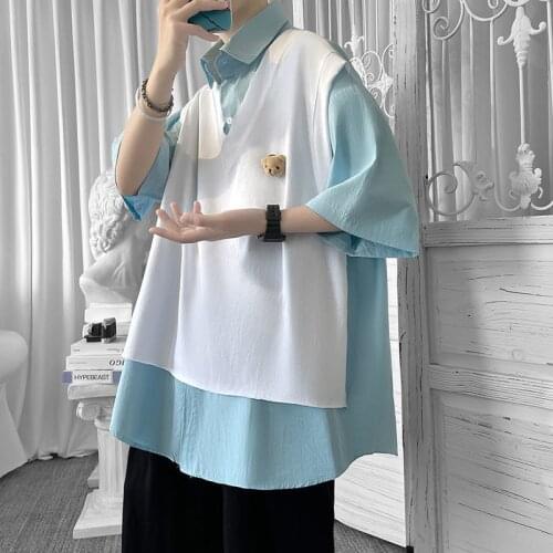 2021 Summer Mens Two Piece Fashion Trend Cartoon Shirts Camisa Masculina Streetwear Short Sleeves Lapel Collar Shirts M-2XL