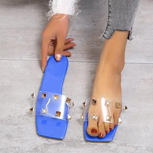 2021 Women Flat Casua Rivet Shoes Fashion Transparent Sandal Slip Outdoor Square Head Summer Slippers Flat Slippers for Women