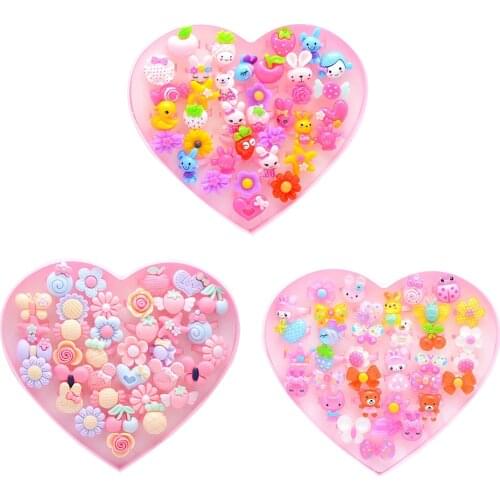 36pcs Cartoon Lovely Resin Ring Girl Kids Jewelry Safety Korean Ring Educational Toy with Display Box Different Shapes for Birth