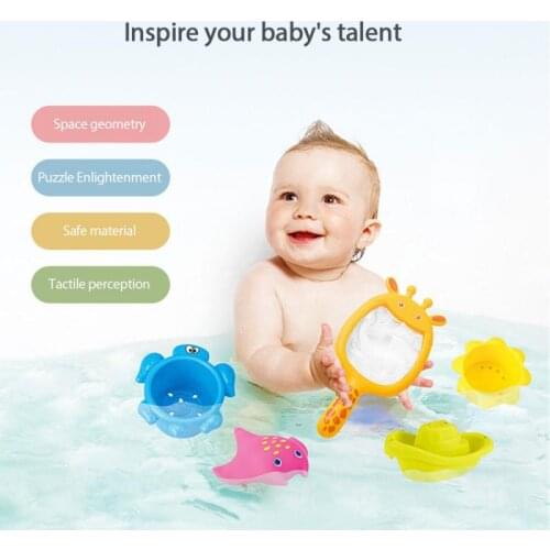 9pcs/set new childrens fun ocean stacking cups boat fish baby cute cartoon bathing toys kids summer shower Parent-child toys