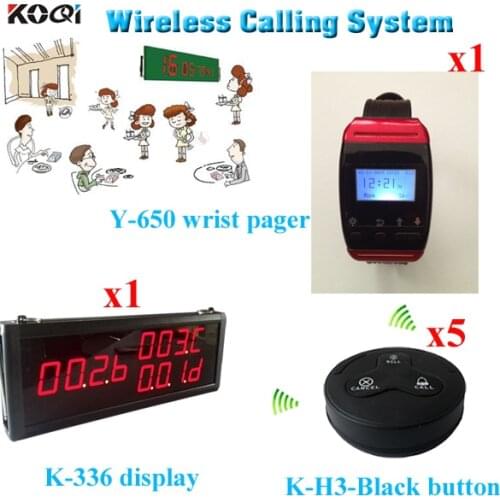 Wireless Table Call System; 5pcs Waterproof Service Button + 1pc Watch Pager + 1pc 3-digit Desktop Receiver Free Shipping
