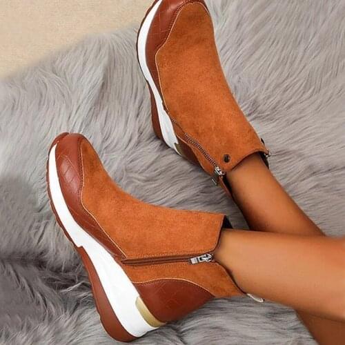 202 Women Flock Ankle Boots Ladies Zipper Casual Wedges Female Round Toe Platform Flat Womens Comfortable Shoes Plus Size