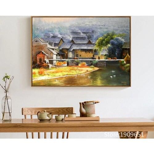 Cotton no frame Chinese style tile-roofed house canvas printings oil painting printed on cotton wall art decoration pictures