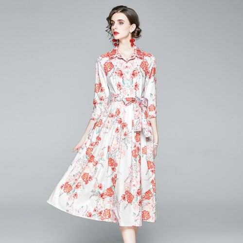 JSXDHK New High Quality Womens Flower Shirt Dresses 2021 Summer Peony Floral Printed Single Breasted Lace Up Holiday Midi Dress